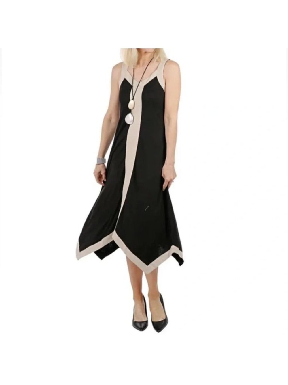 NEW MarlaWynne Black Beige Linen Blend Tank Dress Size Small